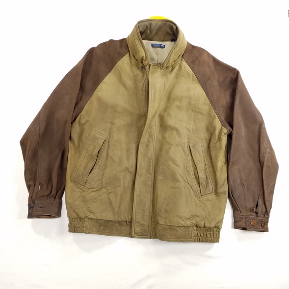 McKenzie Tribe Other - McKenzie Tribe Leather Bomber Jacket Brown Tan Men’s L Hidden Hood Zip Up